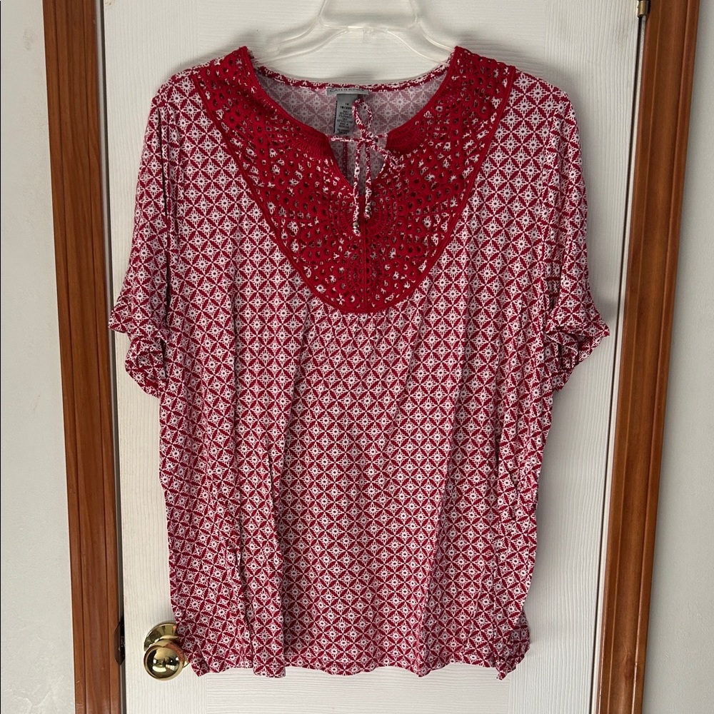 Catherine’s Red and White Tie Front Lace Accent Top